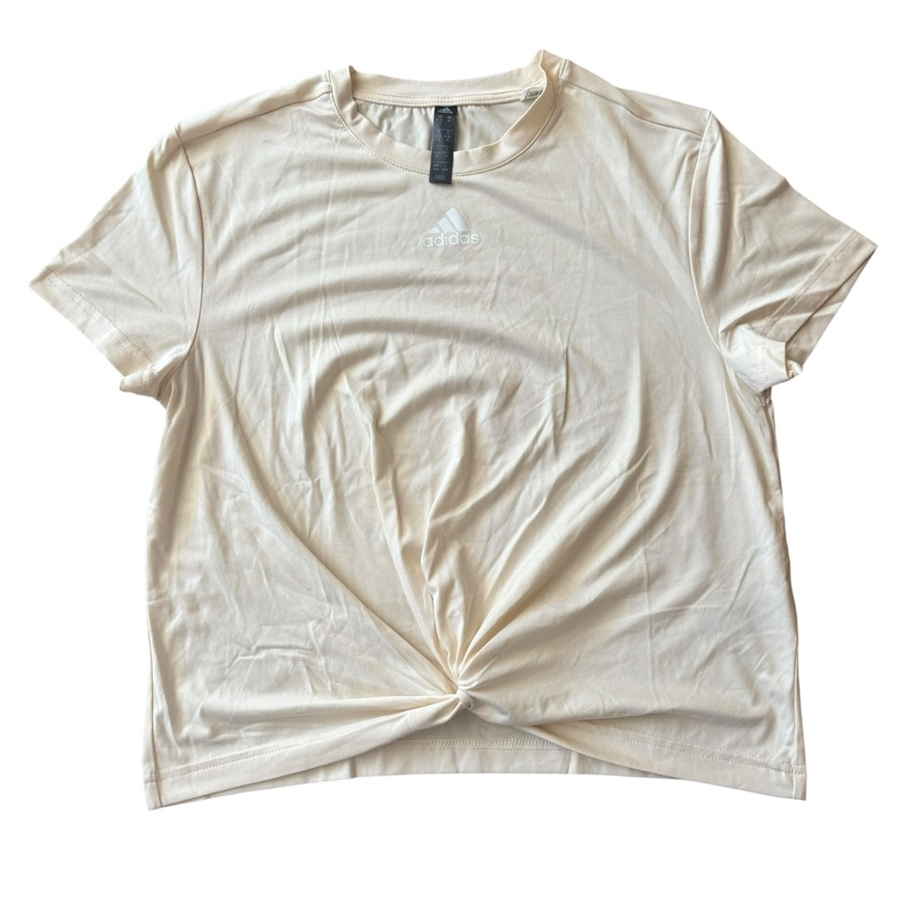 Adidas Women Activewear Top Medium Ivory White Logo Crop Twist Short Sleeve M